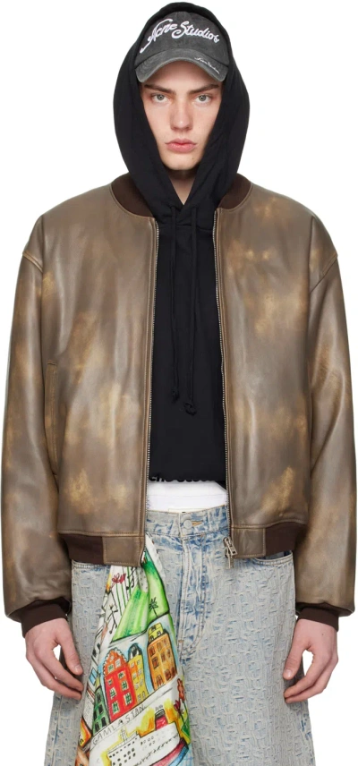 ACNE STUDIOS BROWN FADED LEATHER BOMBER JACKET