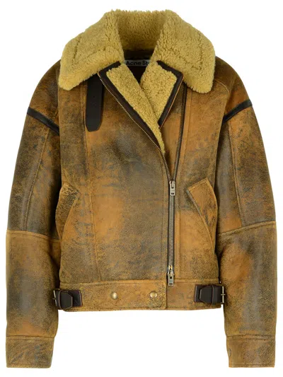 Acne Studios Lakota Shearling Biker Jacket Brown
