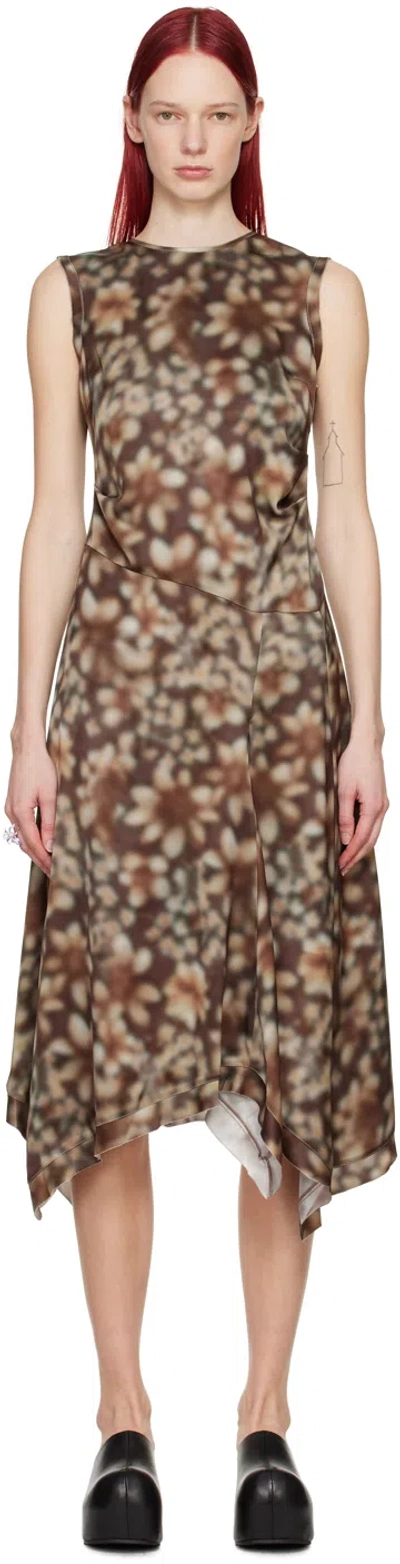 Acne Studios Printed Satin Sleeveless Midi Dress In Brown