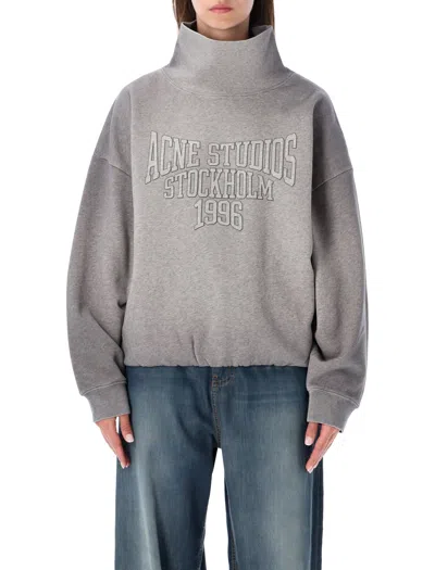 Acne Studios Brushed Cotton Fleece Funnel Neck Logo Sweatshirt With Balloon Hem In Grigio