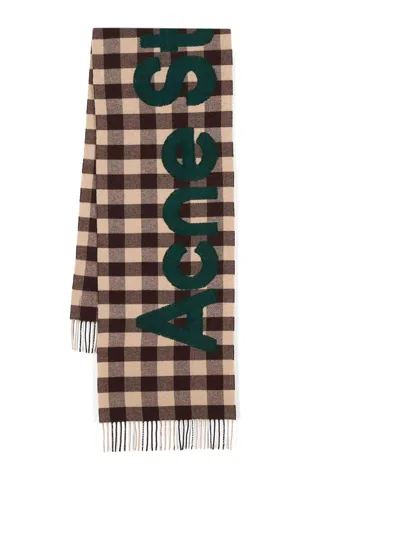 Acne Studios Checked Logo-patch Scarf In Brown