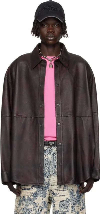 Acne Studios Burgundy Relaxed Fit Leather Overshirt In Brown