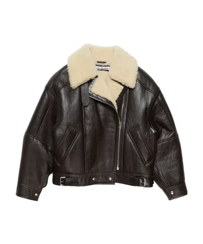 Acne Studios Calf Leather And Shearling Flight Jacket In Black