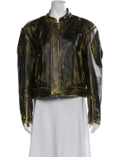 Pre-owned Acne Studios Calf Leather Patterned Biker Jacket In Green
