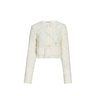 Acne Studios Bow-embellished Cropped Wool-blend Bouclé Cardigan In Ivory