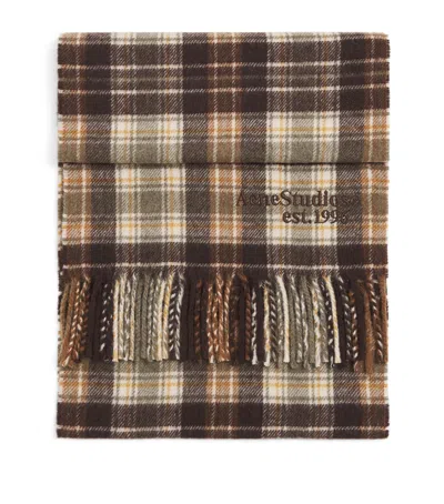 Acne Studios Logo-embroidered Fringed Checked Cashmere And Wool-blend Scarf In Green
