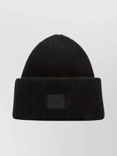 Acne Studios Casual Ribbed Knit Hat With Face Patch In Black