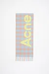 Acne Studios Check Logo Scarf In Camel Beige,acid Green