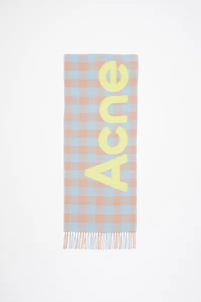 Acne Studios Check Logo Scarf In Camel Beige,acid Green