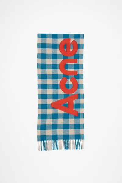 Acne Studios Check Logo Scarf In Turquoise Blue,orange