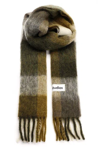 Acne Studios Checked Fringed-edge Scarf In Taupe/green/black