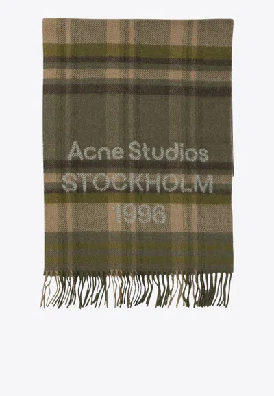 Acne Studios Checkered Fringed Scarf In Green