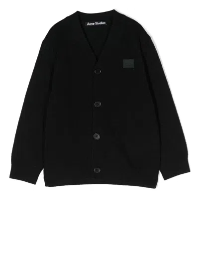 Acne Studios Kids' Chest Logo-patch Knit Cardigan In 黑色