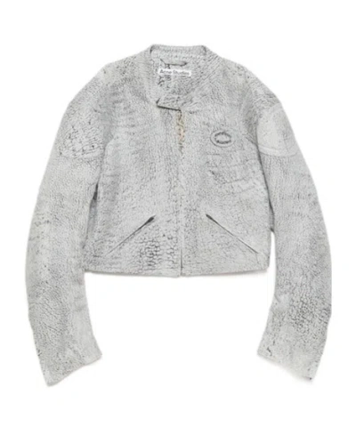 Acne Studios Cracked-print Leather Jacket In Gray