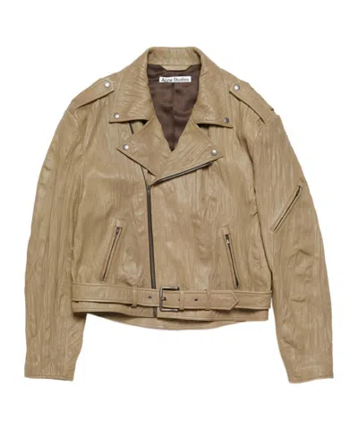 Acne Studios Crinkled Leather Biker Jacket In Brown