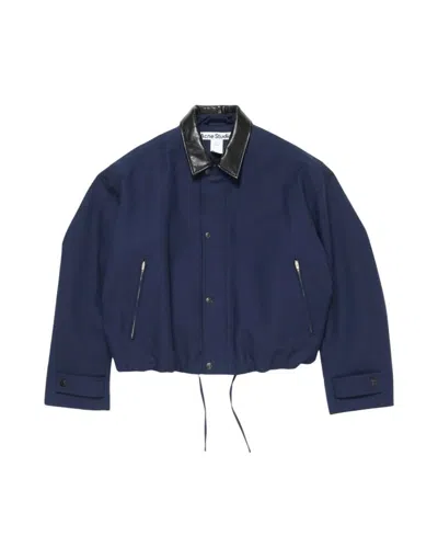 ACNE STUDIOS CROPPED DARK BLUE JACKET WITH BLACK LEATHER COLLAR