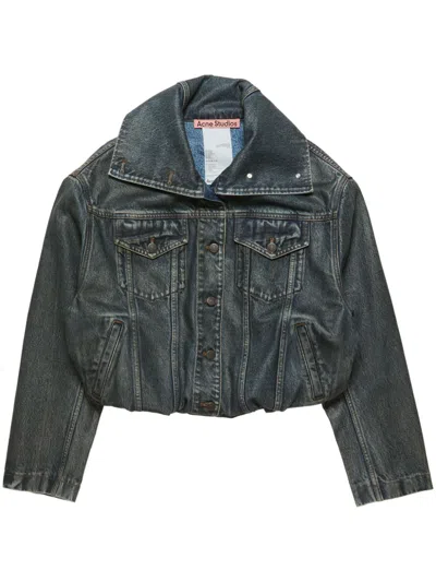 Acne Studios Cropped Denim Jacket In Black,mid Blue