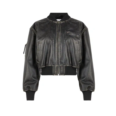 Acne Studios Aged Leather Bomber Jacket With Distressed Treatment In Black