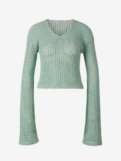Acne Studios Cropped Openwork Sweater In Turquoise Green