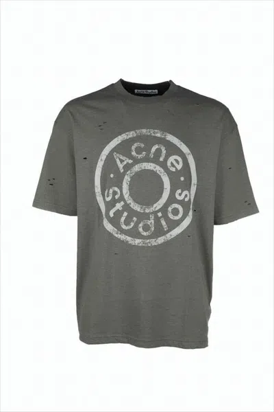 Acne Studios Cropped Short-sleeve T-shirt With Distressed Logo Print In Gray