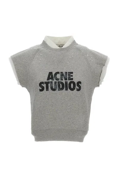 Acne Studios Cropped Short-sleeved Top With Distressed Accents In Gray