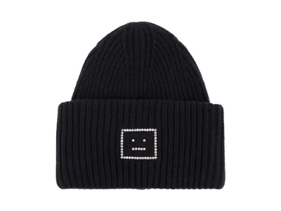 Pre-owned Acne Studios Crystal Face Logo Beanie In Black