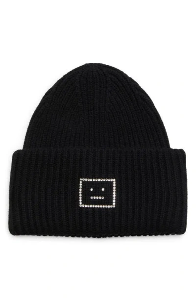 Acne Studios Crystal Face Rib Wool Beanie In Black