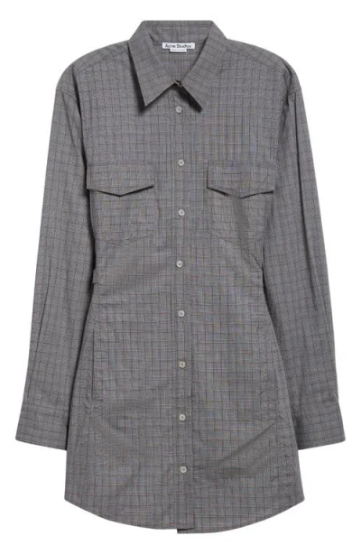 Acne Studios Dara Microcheck Long Sleeve Cotton Mini Shirtdress In Multi Grey