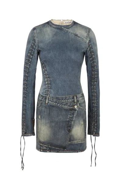 Acne Studios Printed Denim Mini Dress Woman Blu In Cotton In Grey