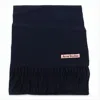 Acne Studios Deep Navy Wool Scarf With Fringed Ends And Contrasting Label In Blue