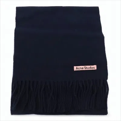ACNE STUDIOS DEEP NAVY WOOL SCARF WITH FRINGED ENDS AND CONTRASTING LABEL