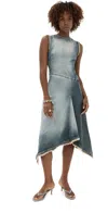 Acne Studios Asymmetric Frayed Denim Midi Dress In Mid Blue
