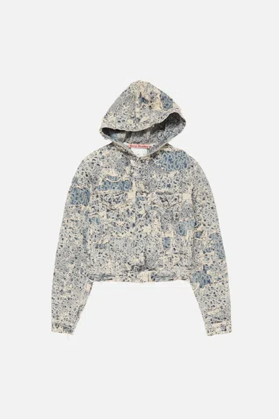 Acne Studios Hooded Distressed Denim Jacket In Gray