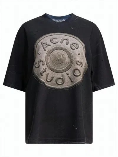 ACNE STUDIOS DISTRESSED BLACK SHORT-SLEEVE T-SHIRT WITH EMBOSSED LOGO