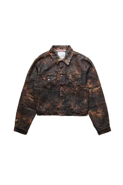 Acne Studios Distressed Denim Jacket With Monogram Coating Brown