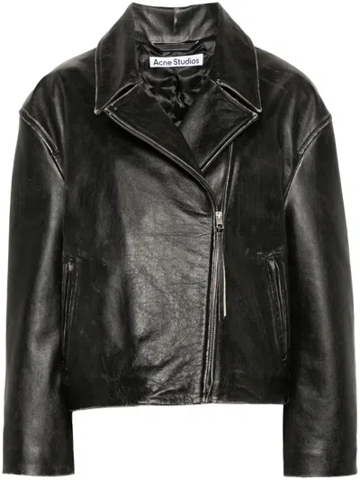 Acne Studios Women Black Biker Jacket In Vintage Looking Leather Woman