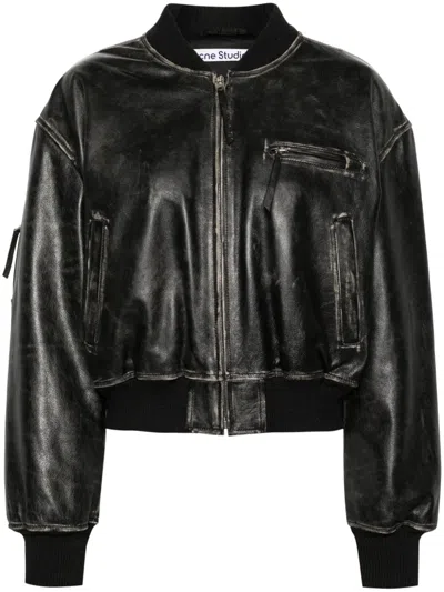 Acne Studios Aged Leather Bomber Jacket With Distressed Treatment In Black