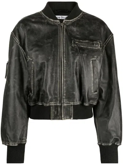 Acne Studios Aged Leather Bomber Jacket With Distressed Treatment In Black