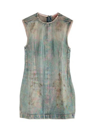 Acne Studios Distressed Foiled Denim Mini Dress In Blue
