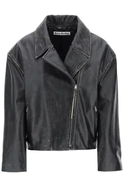 ACNE STUDIOS DISTRESSED LEATHER BIKER JACKET WITH MIRRORED LAPELS FOR WOMEN