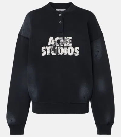 Acne Studios Distressed Logo Cotton Fleece Sweatshirt In Black