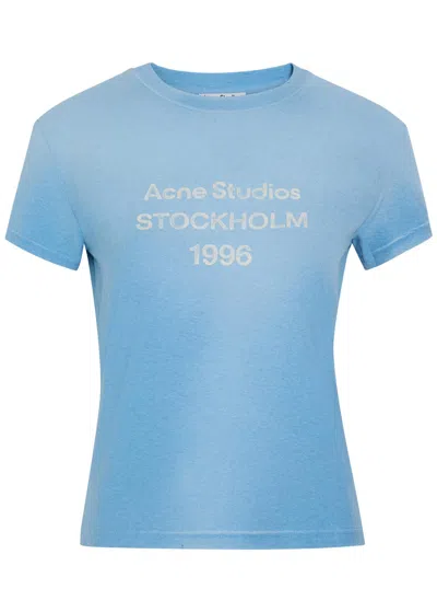 Acne Studios Distressed Logo-print Cotton-blend T-shirt In Blue