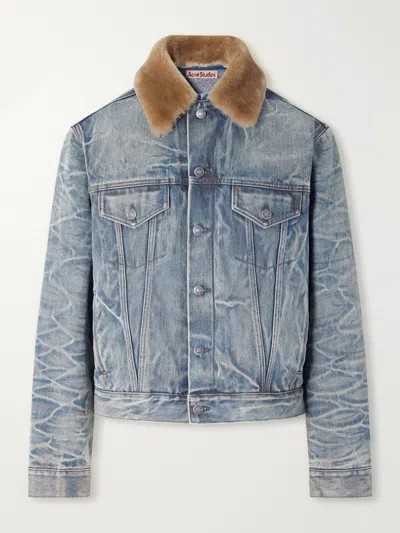 Acne Studios Distressed Plush-trimmed Denim Jacket In Blue