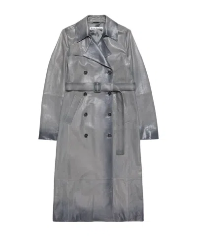 Acne Studios Double-breasted Leather Coat In Gray