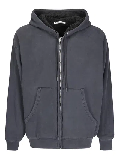 Acne Studios Drawstring Hooded Sweatshirt With Zip Closure And Kangaroo Pocket In Gray