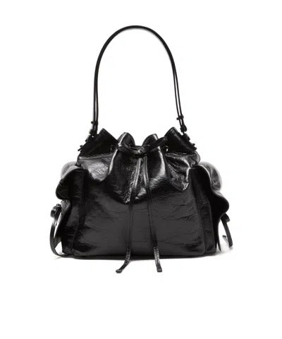 Acne Studios Drawstring Ruffled Leather Shoulder Bag In Black