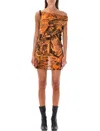Acne Studios Off-the-shoulder Ruched Printed Stretch-mesh Mini Dress In Orange Print