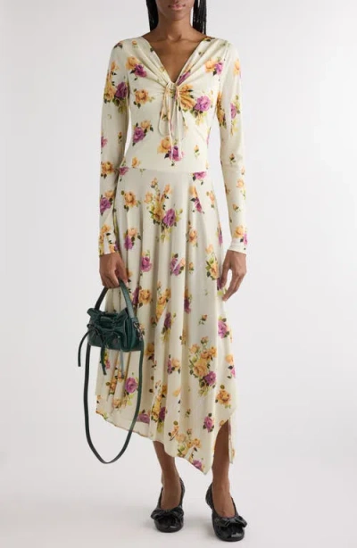 Acne Studios Edna Rose Print Long Sleeve Dress In Ivory/pink/purple