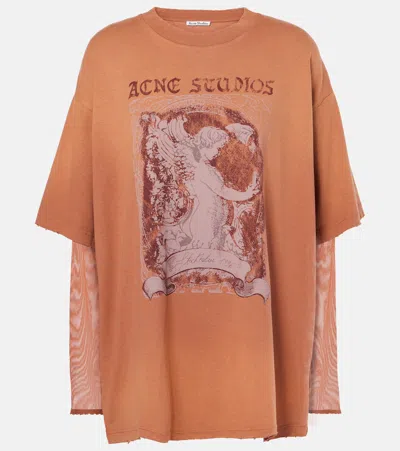 Acne Studios Edra Printed Mesh-trimmed Cotton T-shirt In Rust Red