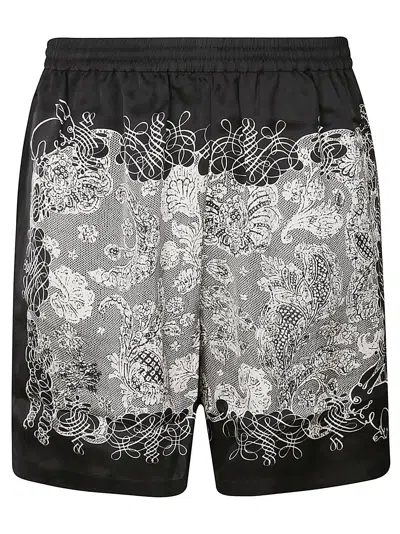 Acne Studios Elastic Waist Pattern Printed Shorts In Black/ecru